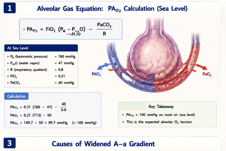 Alveolar gas equation PAO2 = FiO2(PB-PH2O) - PaCO2/R worked at sea level