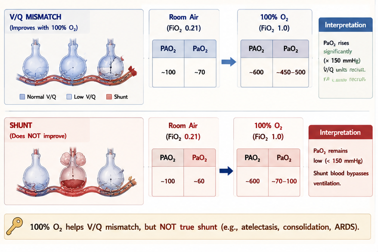 100% O2 challenge: corrects V/Q, NOT shunt — diagram