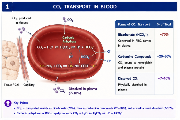CO2 transport: dissolved + bicarb + carbamino fractions