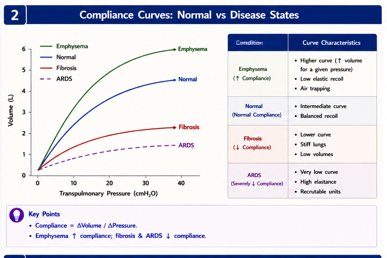 Compliance curves: emphysema vs ARDS vs fibrosis