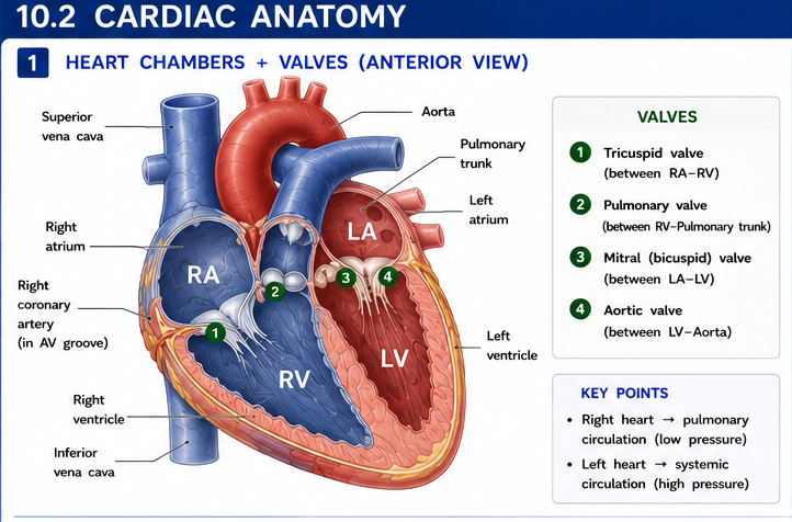 Heart chambers + valves anterior
