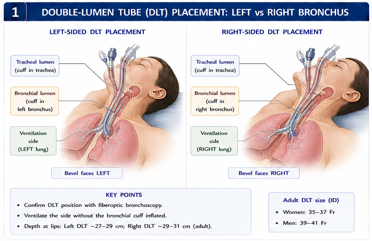 Panel 1 of Left side: Double lumen T tube placement · Right side: Bronchus left side DET replacement