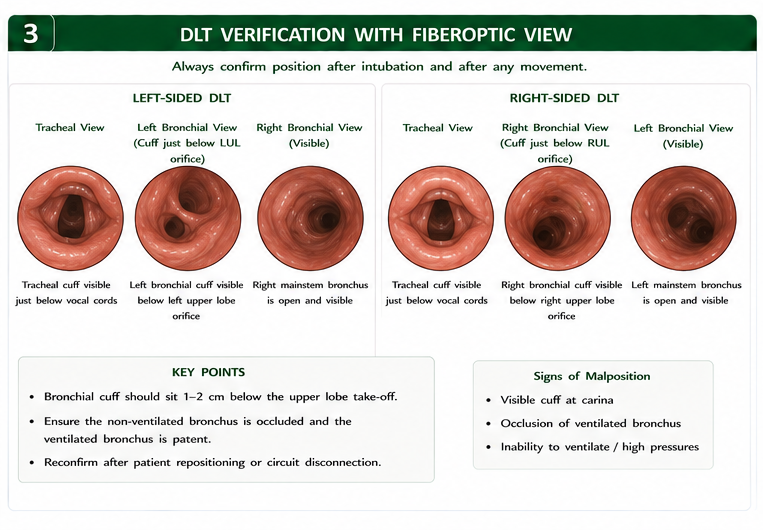 Panel 3 of Left side: Double lumen T tube placement · Right side: Bronchus left side DET replacement