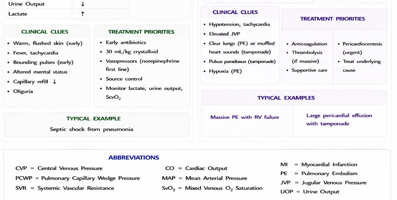 Obstructive shock (PE, tamponade) hemodynamics