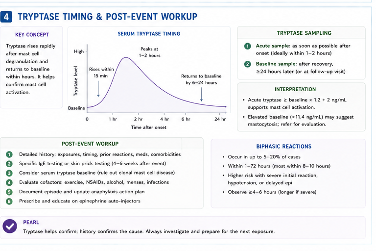 Tryptase timing + post-event workup
