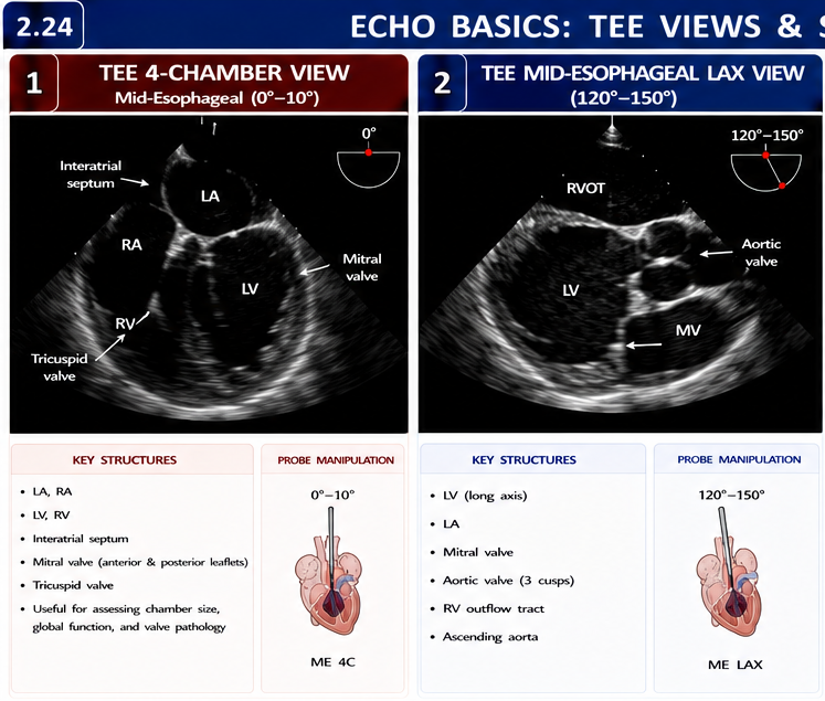 Panel 1 of 1. Tee mid-esophageal view · 2. Key structures