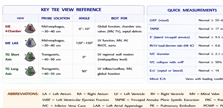 Panel 3 of 1. Tee mid-esophageal view · 2. Key structures