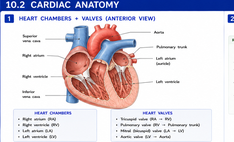 Heart chambers + valves anterior