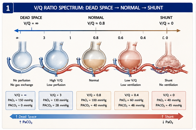 V/Q ratio spectrum showing dead space → normal → shunt zones
