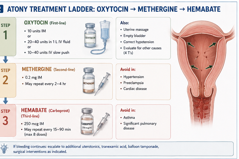 Atony treatment ladder oxytocin → methergine → hemabate