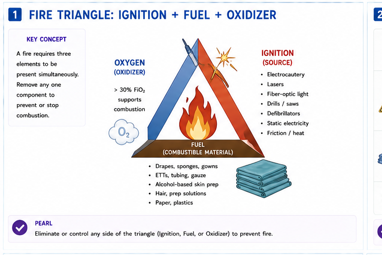 Panel 1 of Fire triangle + oxygen = combustion