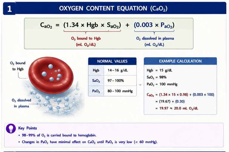 Oxygen content equation CaO2 = (1.34 × Hgb × SaO2) + (0.003 × PaO2)
