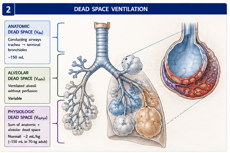 Dead space ventilation diagram with anatomic + alveolar + physiologic components